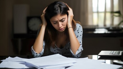 Emotional and professional burnout syndrome. Stressed young woman reviewing her bills, reflecting financial strain during a recession.