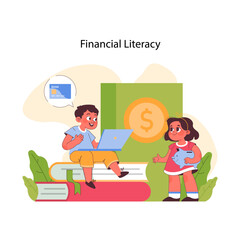 Financial literacy concept. Boy on laptop discusses banking, while girl holds piggy bank, both exploring finances. Children introduction to saving. Learning financial basics. Flat vector illustration