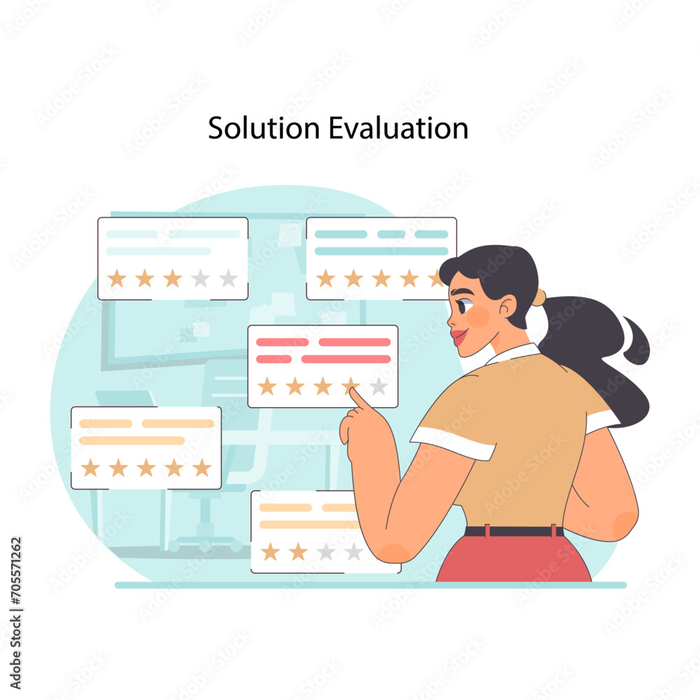 Poster solution evaluation concept. woman observing proposals to issues. critical review and rating of prop