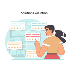 Solution evaluation concept. Woman observing proposals to issues. Critical review and rating of proposed strategies. Analytical assessment in problem resolution. Flat vector illustration