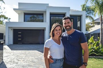 a happy couple standing in front of their new house