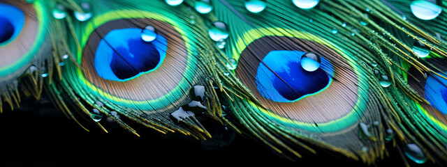 Obraz premium Nature's Iridescence: Peacock Feathers in the Rain