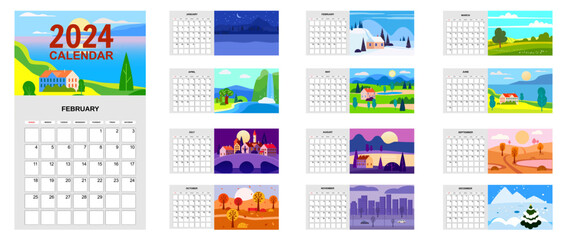 Fototapeta na wymiar 2024 Calendar set of 12 landscape natural backgrounds of four seasons