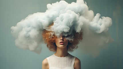 Depression, loneliness, bipolar disorder and mental health concept. Young woman with her head in cloud. Weather dependent concept. - obrazy, fototapety, plakaty