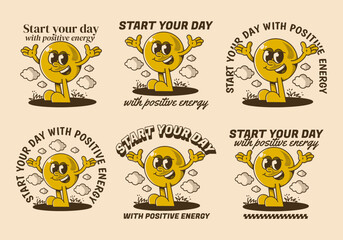 Start your day with positive energy. Ball head character with hands up and happy expression