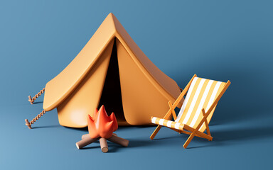 Cartoon tent and bonfire, cartoon camping, 3d rendering.