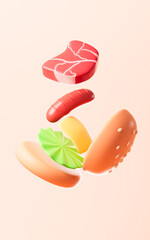 Cartoon meat ,sausage, vegetable , cheese and hamburger, fast food, 3d rendering.