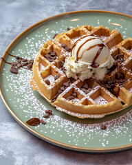 Waffle with ice cream and chocolate on top on a light green plate
