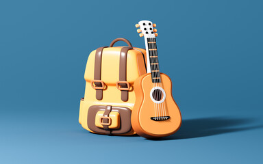 Cartoon hiking bag and guitar in the blue background, 3d rendering.