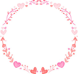 watercolor pink frame with hearts and floral circle wreath border 