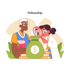 Fellowship concept. Old man and young woman examine given financial aid, highlighting academic research funding. Support for teachers and scientists projects. Flat vector illustration