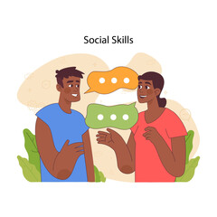Social skills idea. Two individuals engaging in friendly conversation. Effective verbal exchange. Communication dynamic essential for personal and professional relationships. Flat vector illustration