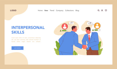 Interpersonal skills concept. Two professionals engage in handshake, symbolizing respectful professional interaction and agreement. Ability to make connections at workplace. Flat vector illustration