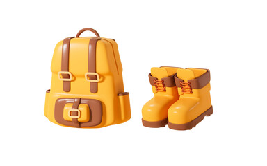 Obraz premium Cartoon hiking bag and hiking boots, 3d rendering.