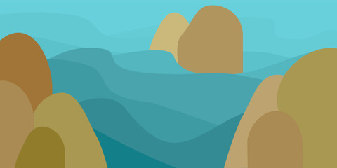 The blue sea water that the waves are moving with the wind landscape. Vector illustration with the rock stones that come up from the water.