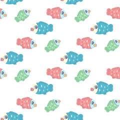 Seamless pattern multicolored fish, vector illustration for fabric, print, apparel