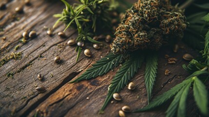 Minimalist wood-themed composition featuring marijuana buds, leaves, and seeds. - obrazy, fototapety, plakaty