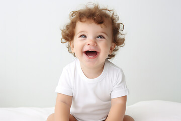 Naklejka premium Happy baby isolated on white background, clean and soft natural portrait