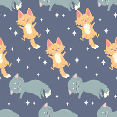 Seamless pattern sleeping cat, napping, cartoon cute, vector illustration for fabric, print, clothing