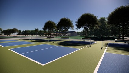 Outdoor pickleball court blue and green color sport landscape 3d render