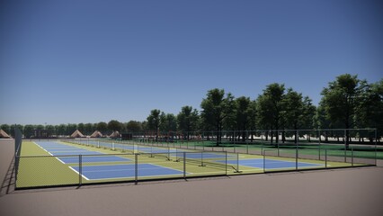 Outdoor pickleball court sport landscape 3d render - obrazy, fototapety, plakaty