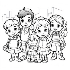 group of happy children on the street, black and white vector illustration
