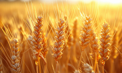 Wheat field. Ears of golden wheat close up. Beautiful Nature Sunset Landscape. Rural Scenery under Shining Sunlight. Background of ripening ears of meadow wheat field.