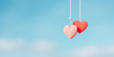 Hanging hearts create a romantic ambiance on Valentine's Day against a festive blue sky.