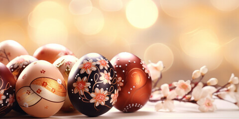 A decorative Easter arrangement featuring colorful eggs, blossoms, and ornate patterns in a festive setting.