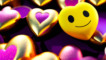 Cheerful big shiny hearts gold, violet and emoji with smiley face, cheerful.