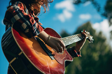 A close-up of a performer playing an acoustic guitar, creating music in the serene outdoor setting.