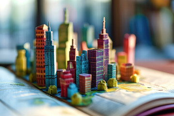 A miniature city model on an open book, featuring skyscrapers, streets, and a sunset skyline.