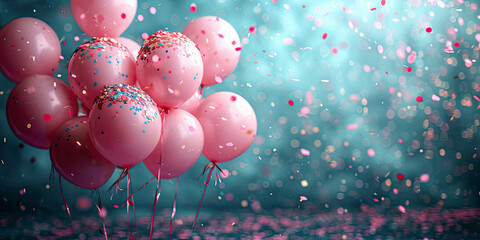 Fototapeta na wymiar Party Background with lights, confetti, balloons and serpentine on a Dark Cyan and Pink colored background. Space for text