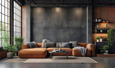 Industrial and loft living room interior with concrete wall, sand brown sofa, modern armchair, simple black coffee table, sand brown, books and personal accessories.