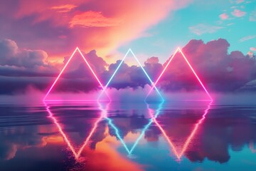 glowing ethereal neon triangle geometric shape in clouds with water reflection