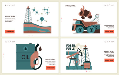 Fossil fuel web or landing set. Fossil resources extraction and its impact on climate change. Reliance on non-renewable energy sources. Earth raw materials depletion. Flat vector illustration