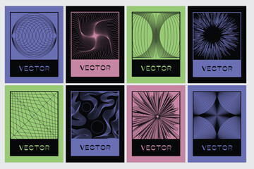 Vector minimal geometric illustrations set, futuristic digital trendy abstract aesthetic linear compositions, prints, frames and graphic design elements, y2k and brutalist style