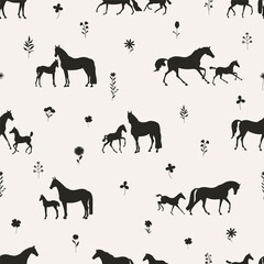 Seamless vector pattern, a herd of horses walking in a field