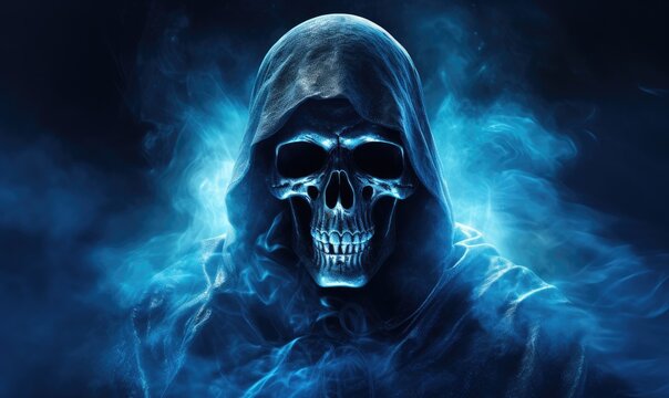 Grim Reaper concept with a skull in a hood against a mystical blue fog background.