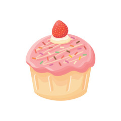 Cupcake with strawberry vector illustration on white background. Strawberry cupcake sweet dessert.