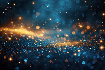 Glitter lights abstract background with gold particles. Defocused bokeh dark festive texture