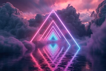 glowing ethereal neon triangle geometric shape in clouds with water reflection