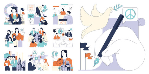 Political action set. Diverse people involved in global education, economic growth, environmental activism, democracy and diplomacy building. Sustainable development. Flat vector illustration.