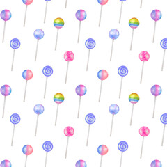  Watercolor  hand painted lollipop pattern , pink , colorful fabric pattern, textile design, background with lollipops, candies, bonbon, sweets, ornament, dessert, sweet food, watercolor illustration