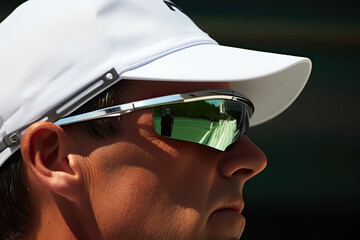 Close-up of a golfer with sunglasses reflecting greenery.