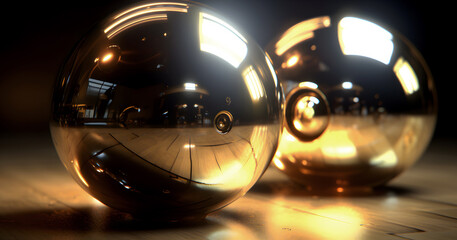 Golden balls with lots of light reflections.