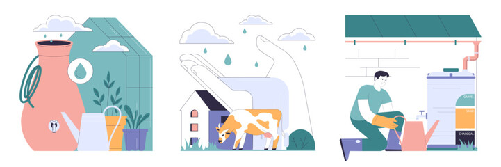 Rainwater harvesting set. Sustainable practice of urban water preservation and its use in gardening and farming. Natural water cycle. Flat vector illustration