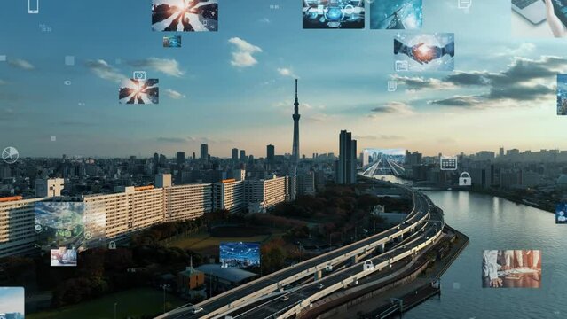 Modern city aerial view and technological image concept. Science technology. Communication network.