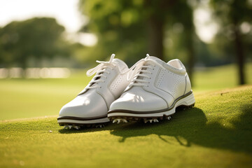 Pair of white golf shoes on green grass.