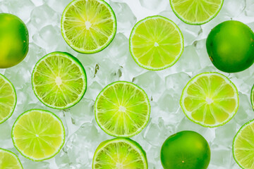 lime composition. green lime slices with ice, fresh fruit, healthy concept
